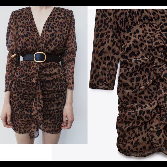 Zara Black brown ruffled animal leopard cheetah print ruched mini dress XS NWT - Picture 2 of 13